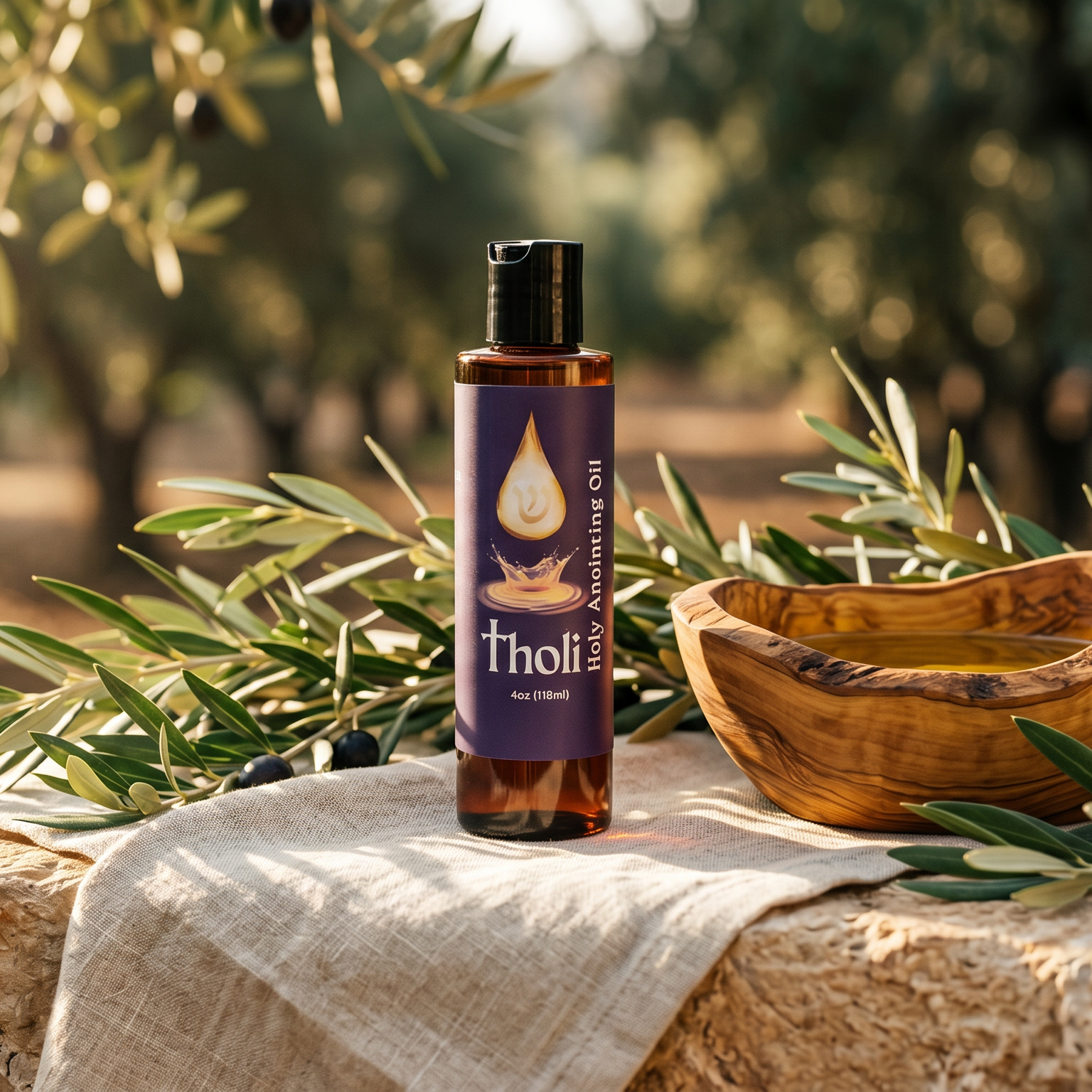 A bottle of Tholi olive oil stands on a stone cloth beside a wooden bowl and olive branches in an outdoor olive grove setting.
