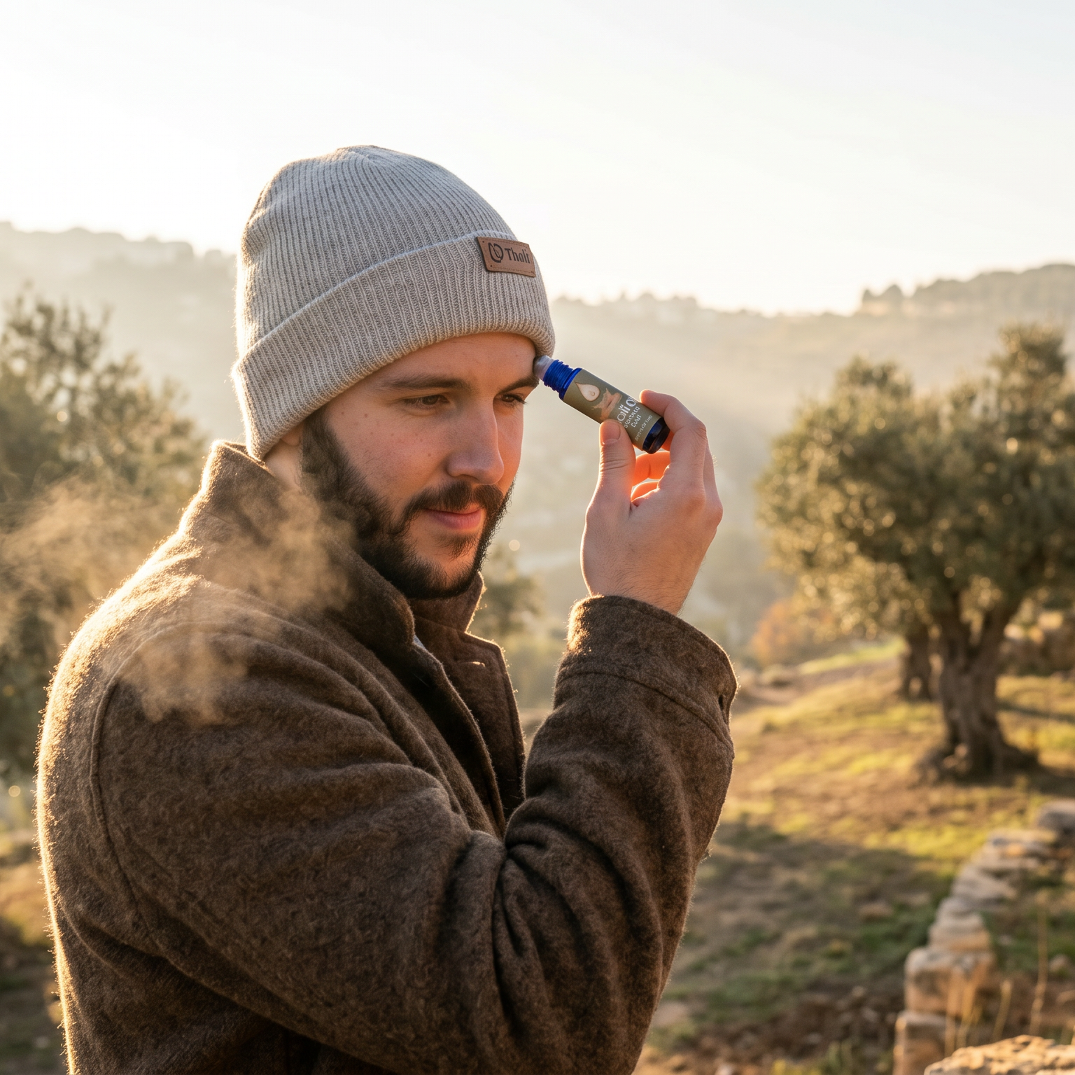 A man wearing a gray knit beanie and brown fleece jacket stands outdoors in a sunny, hazy landscape with trees and stone walls, holding a small blue and orange device to his face.