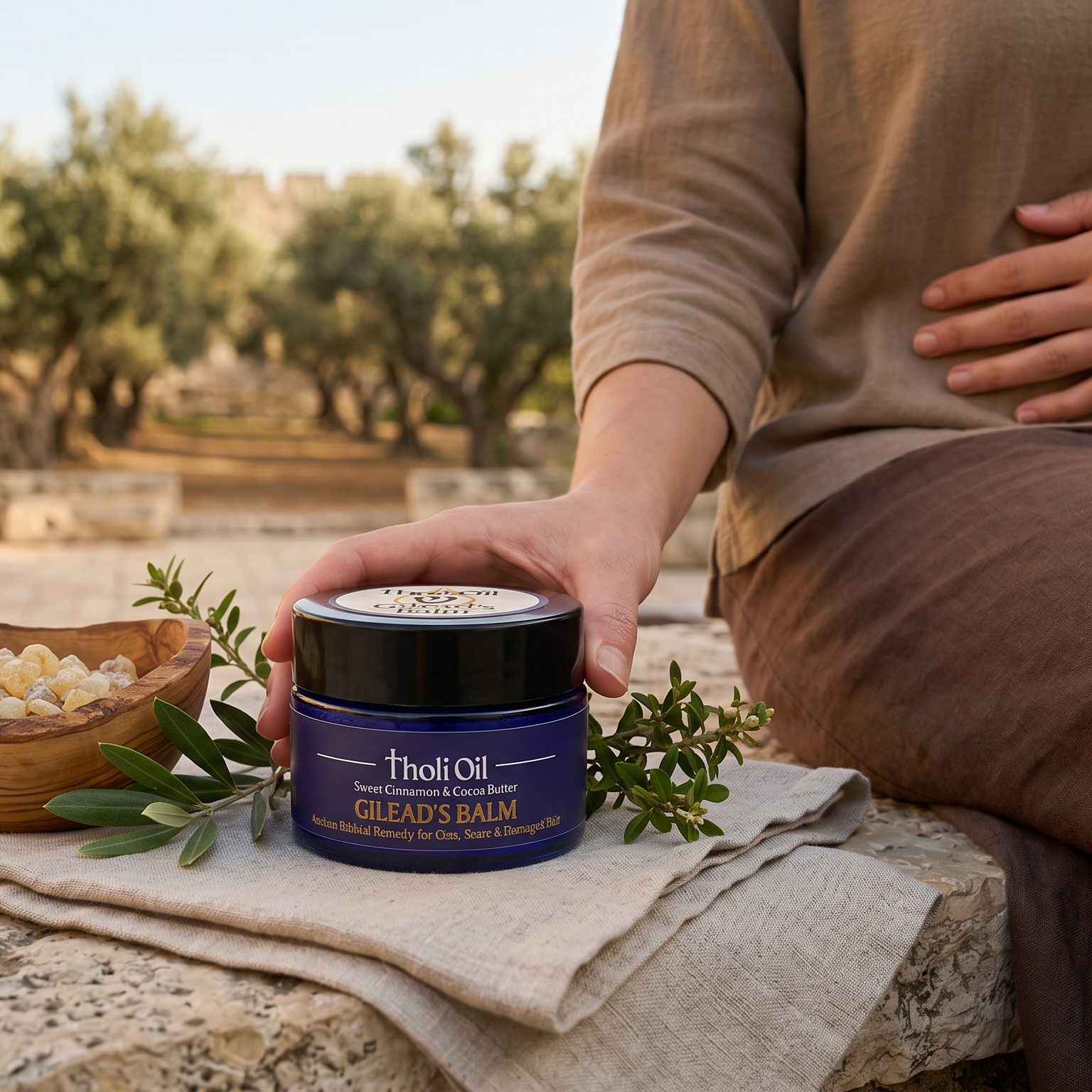 A person in a beige robe holds a jar of Tholi Oil Great's Balm outdoors on a stone surface, with a wooden bowl of ingredients and greenery nearby and a blurred stone courtyard in the background.