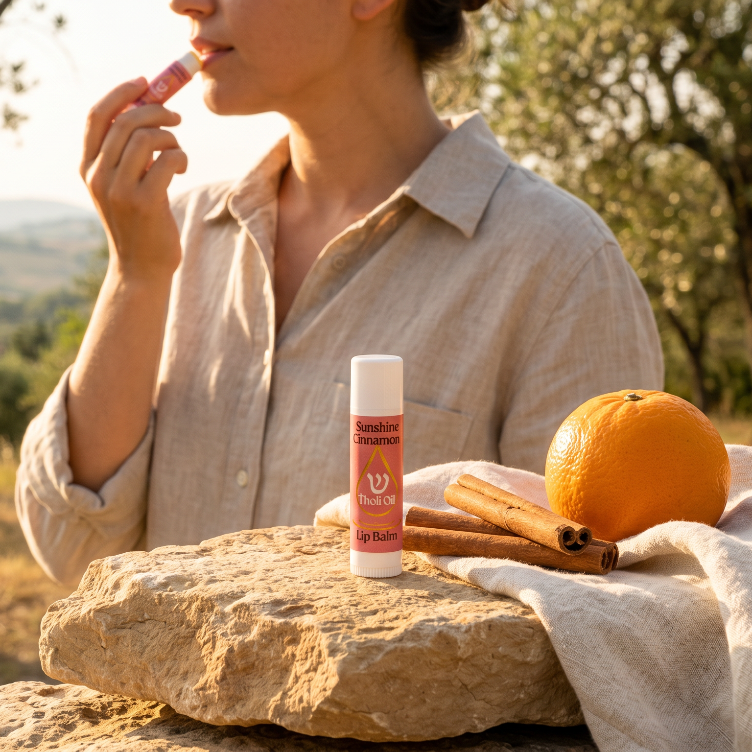 A woman outdoors in a sunlit olive grove applies lip balm from a small white tube with pink packaging, placed on a stone beside an orange and cinnamon sticks.