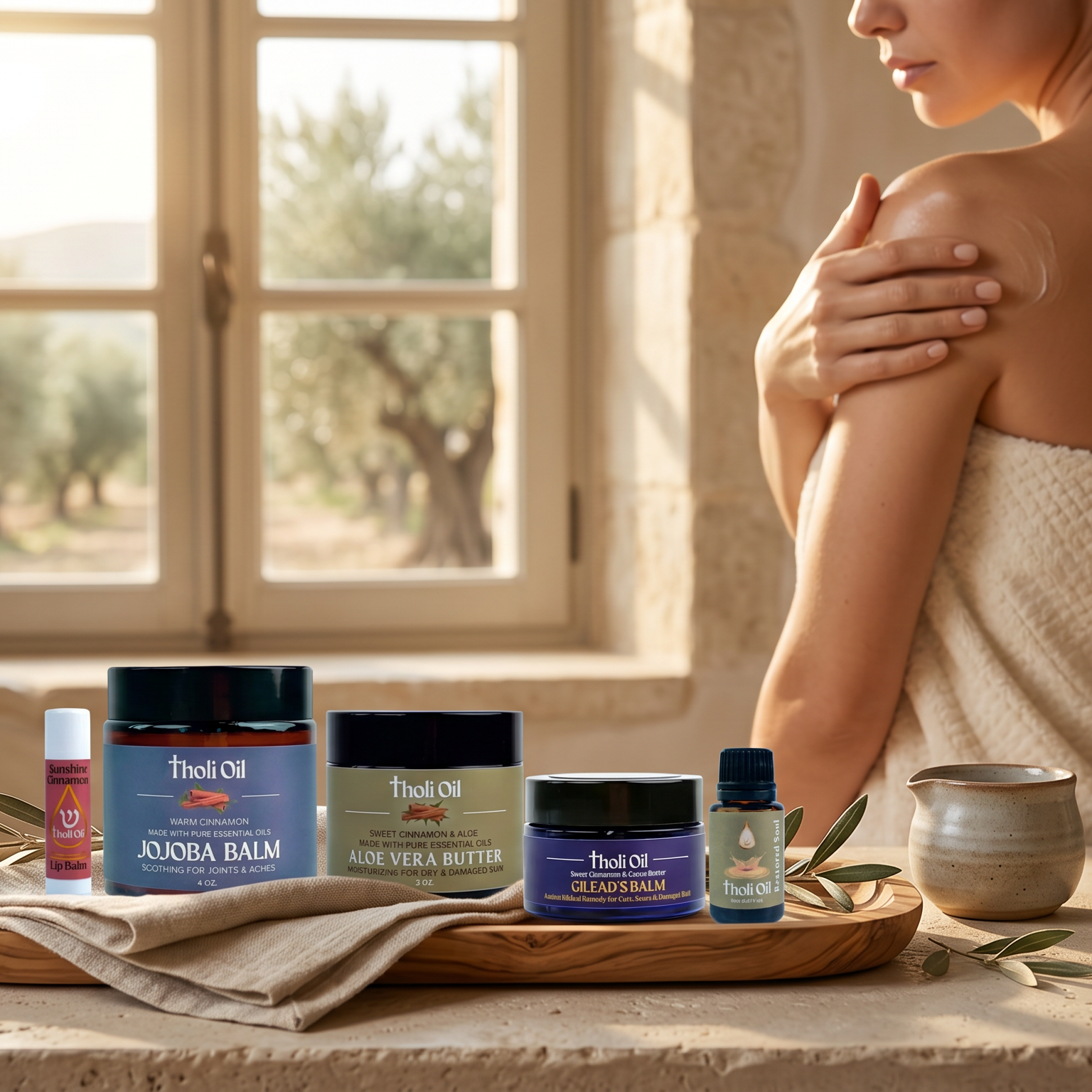 A woman wrapped in a beige towel stands beside a table displaying several skincare products from the brand
`Tholi oil, including Jojoba Balm, Aloe Vera Shea Butter, and a small bottle, in a warm, sunlit room with a window showing olive trees outside.