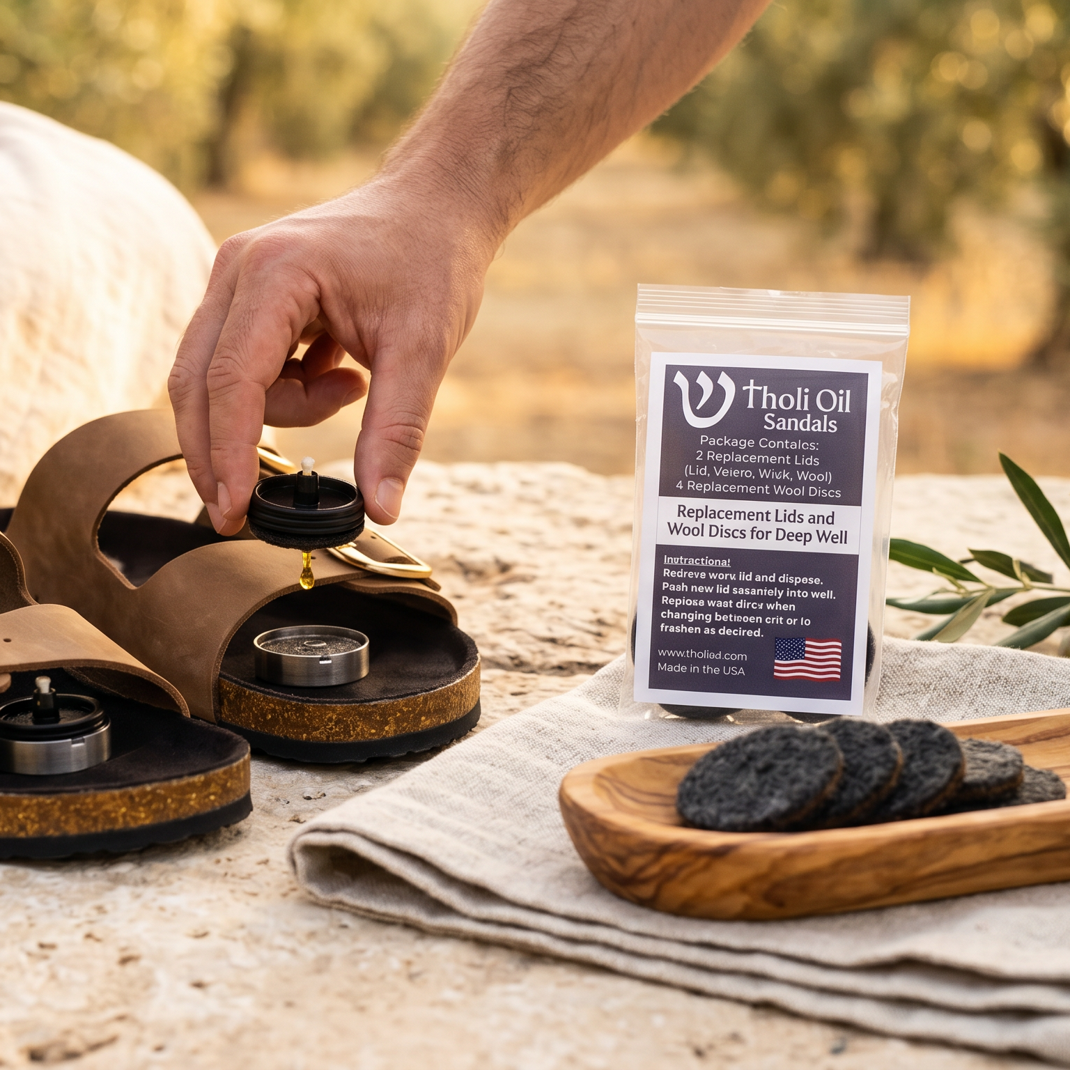 A lifestyle shot of a man's hand adjusting a small black device on a brown leather double-strap sandal with cork footbeds. A small pouch of 'Whole Oil Sandals' is standing next to the sandals on a stone surface with olive branches and a wooden tray of black foot pods in the background.