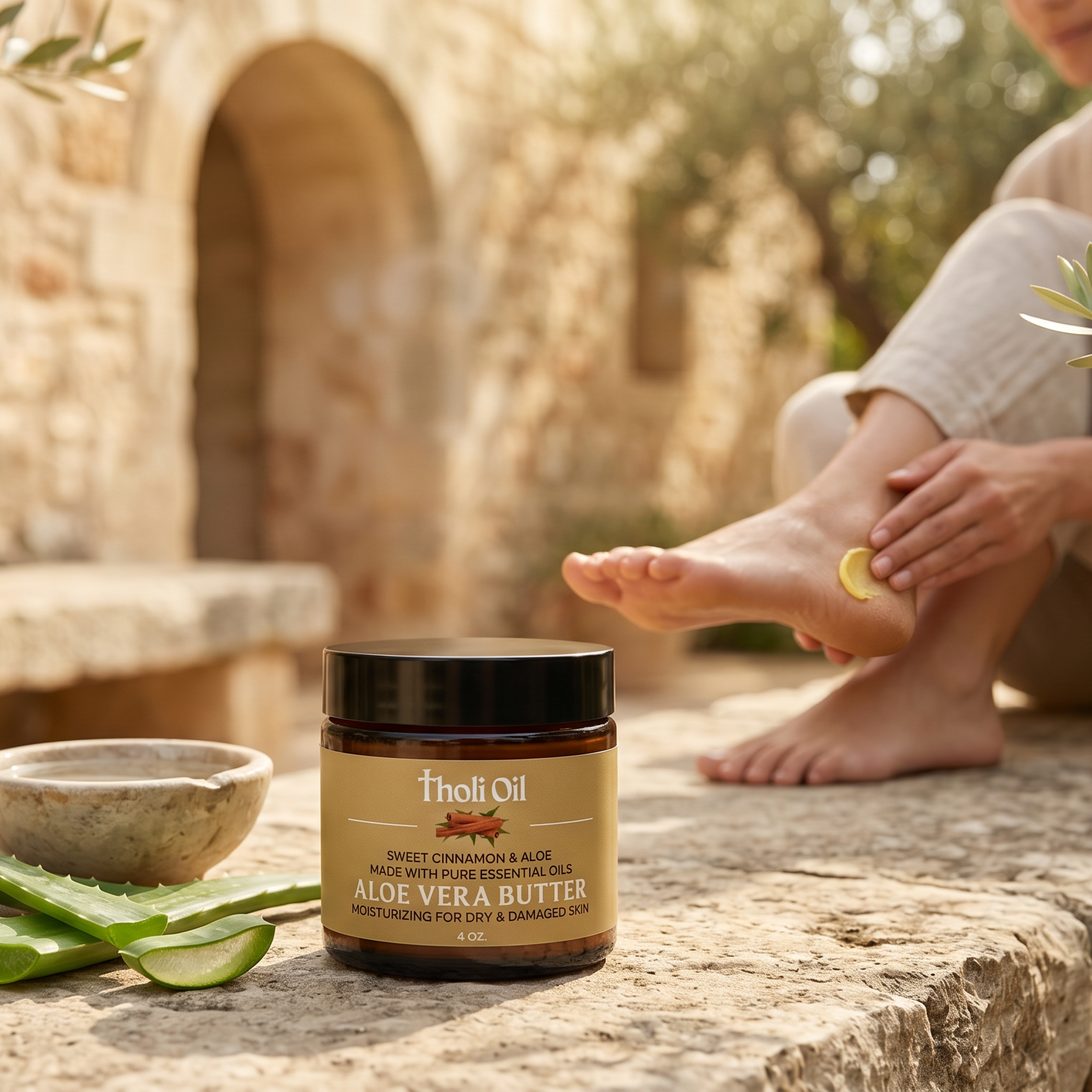 A jar of Fresh Oil Aloe Vera Butter sits on a stone ledge outdoors, with a woman applying cream to her foot in the background. Aloe vera leaves, a small bowl, and folded towels are arranged nearby.