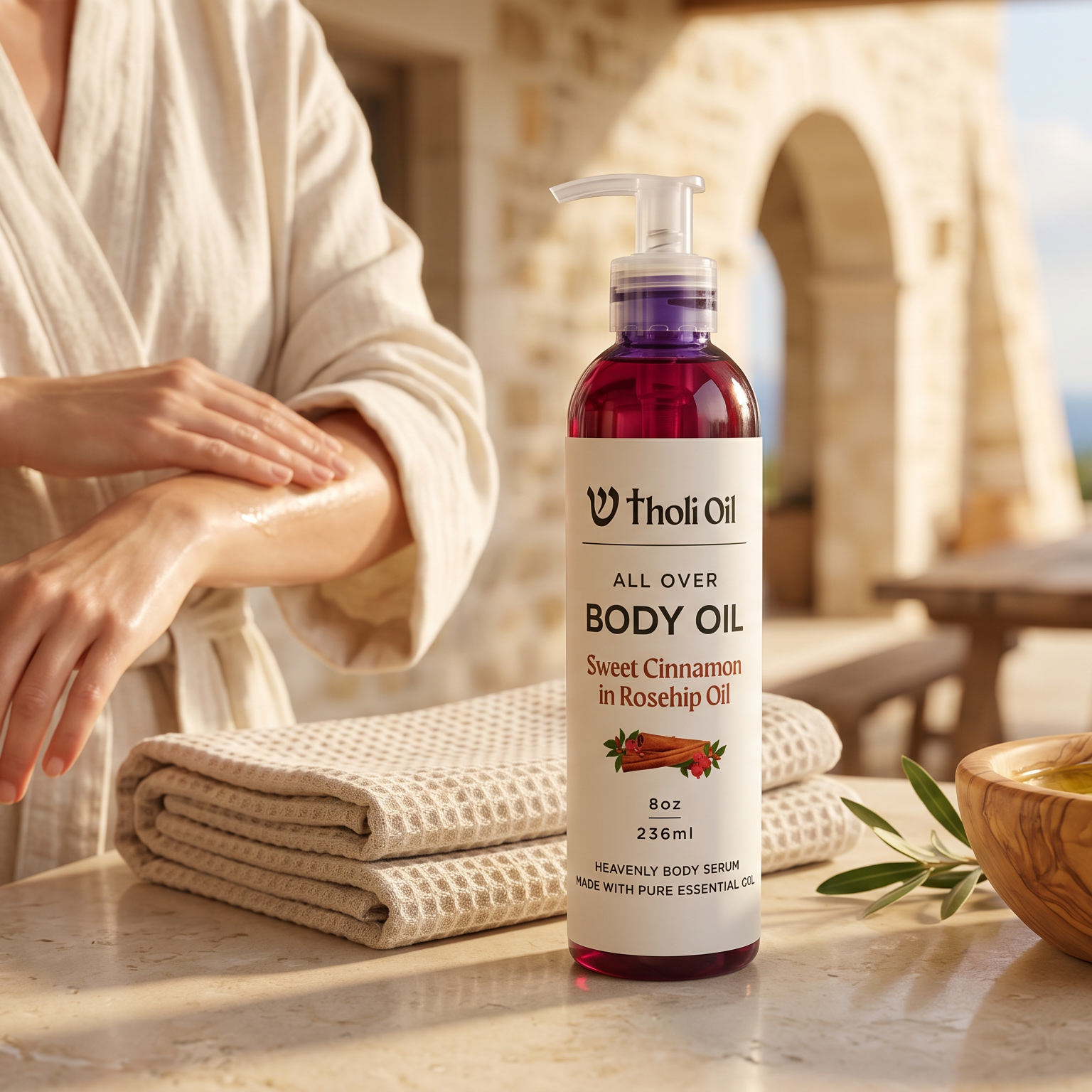 A bottle of Tholi Oil All Over Body Oil stands on a table in a spa-like setting, with a person in a cream robe applying body cream to their arm. A folded towel, wooden bowl, and greenery are nearby, with a stone archway and sea in the background.
