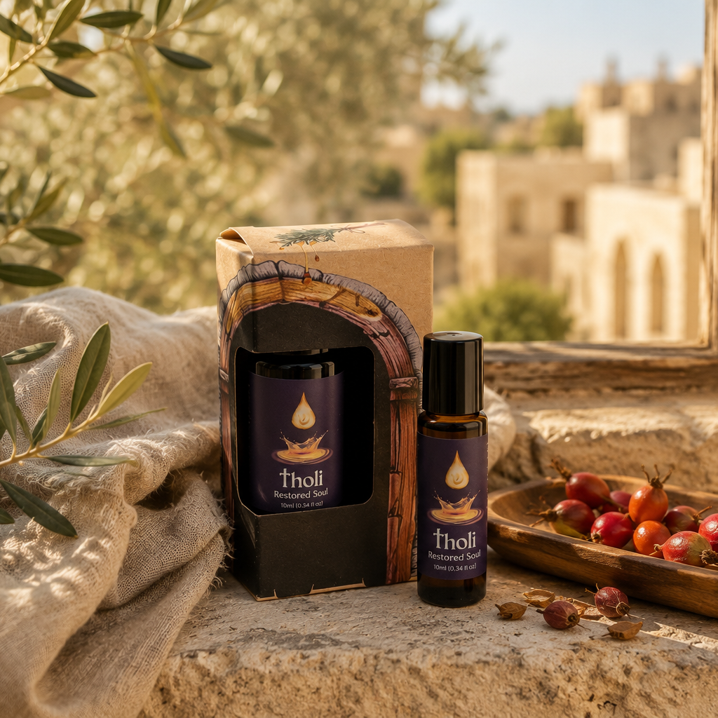 Tholl essential oil products displayed on a rustic stone windowsill with olive branches, a linen cloth, and a wooden bowl of red berries, with a blurred outdoor scene in the background.