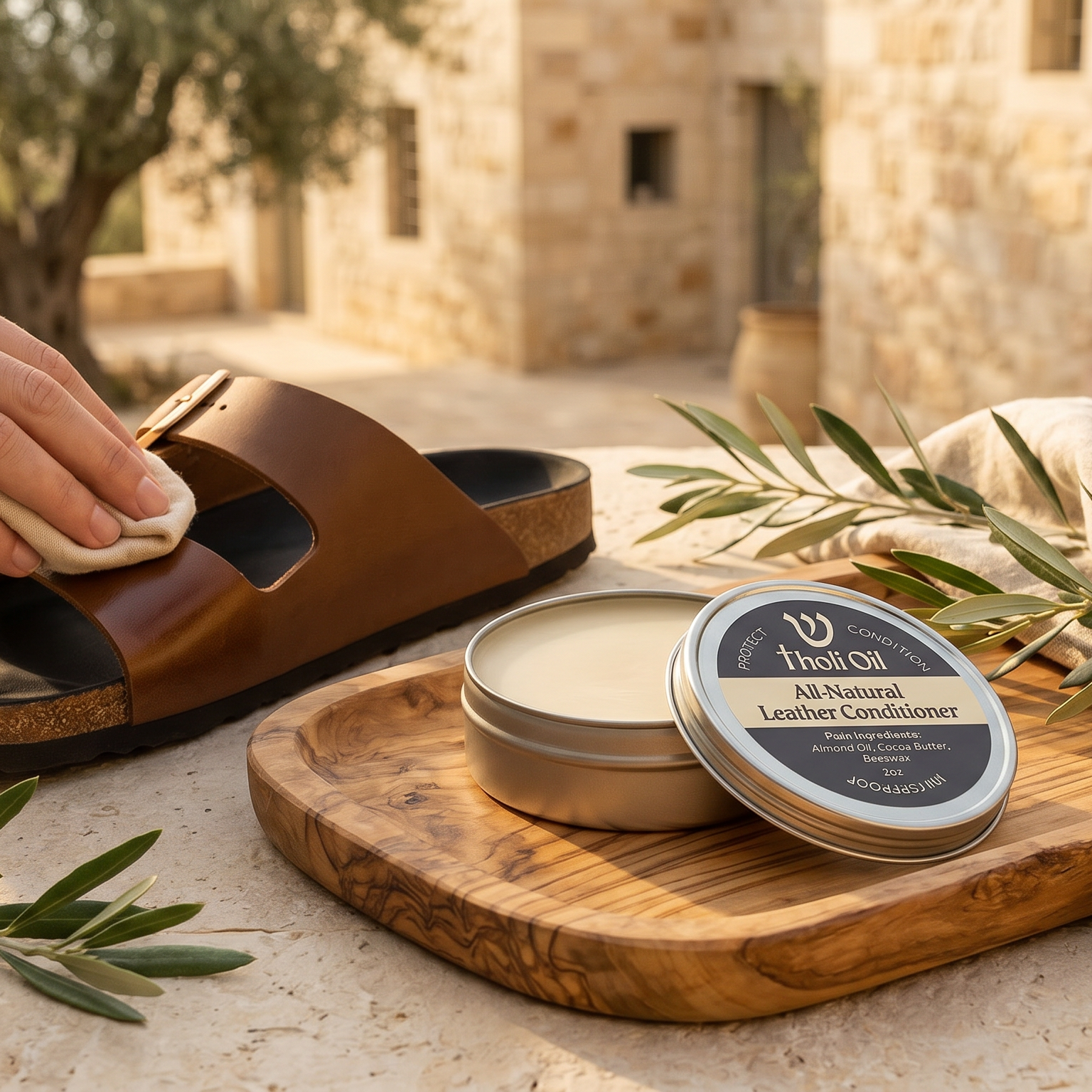A leather conditioner tin and a small metal polish container sit on a wooden tray beside a brown slide sandal being wiped with a cloth by a person's hand, set outdoors on a stone surface with olive branches and a beige cloth.