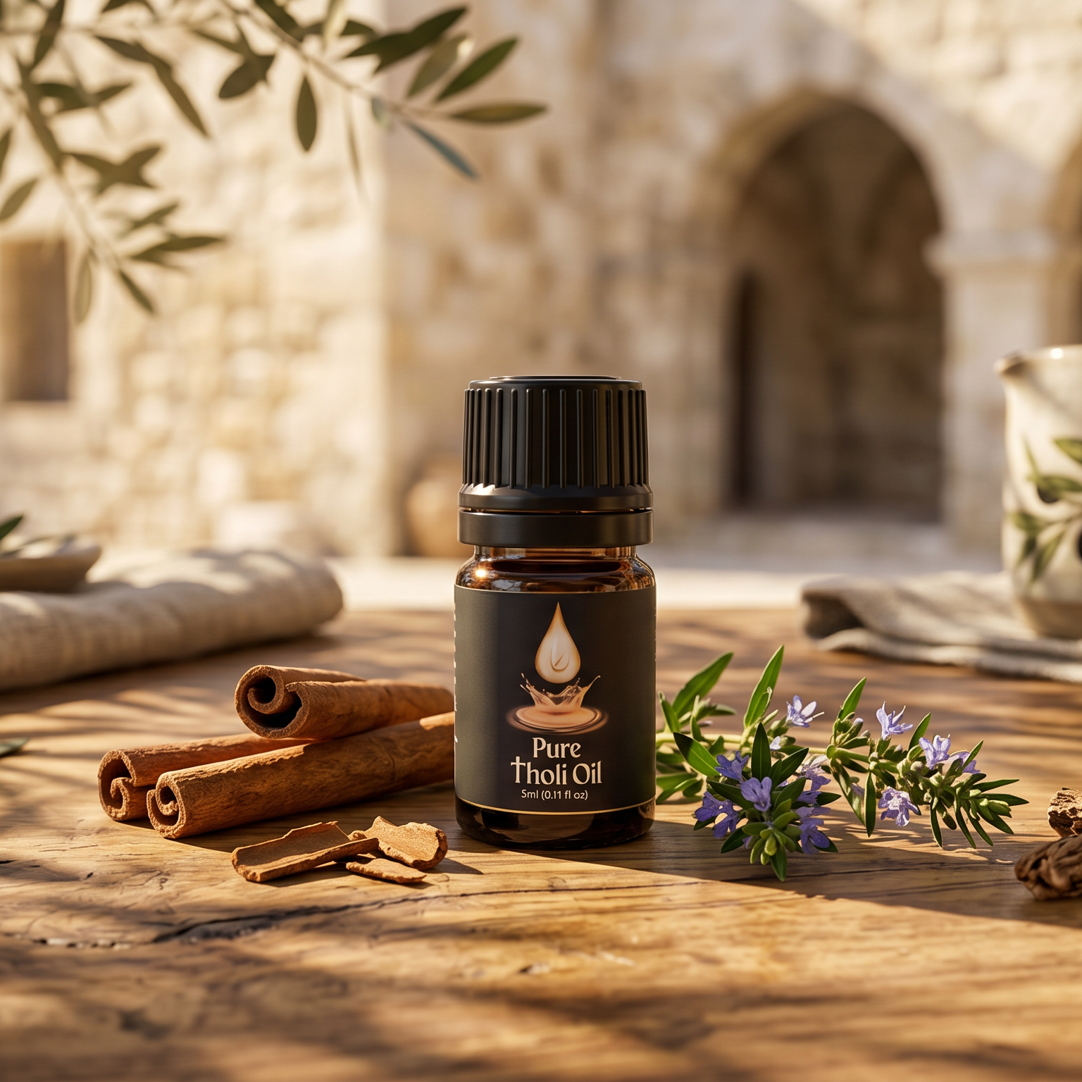 A small amber glass bottle of Pure Essential Oil with a black cap stands on a wooden table in a warm, rustic courtyard setting. Surrounding the bottle are cinnamon sticks, rosemary sprigs with small purple flowers, dried bark, and linen cloths, with blurred ceramic vases and stone arches in the background.