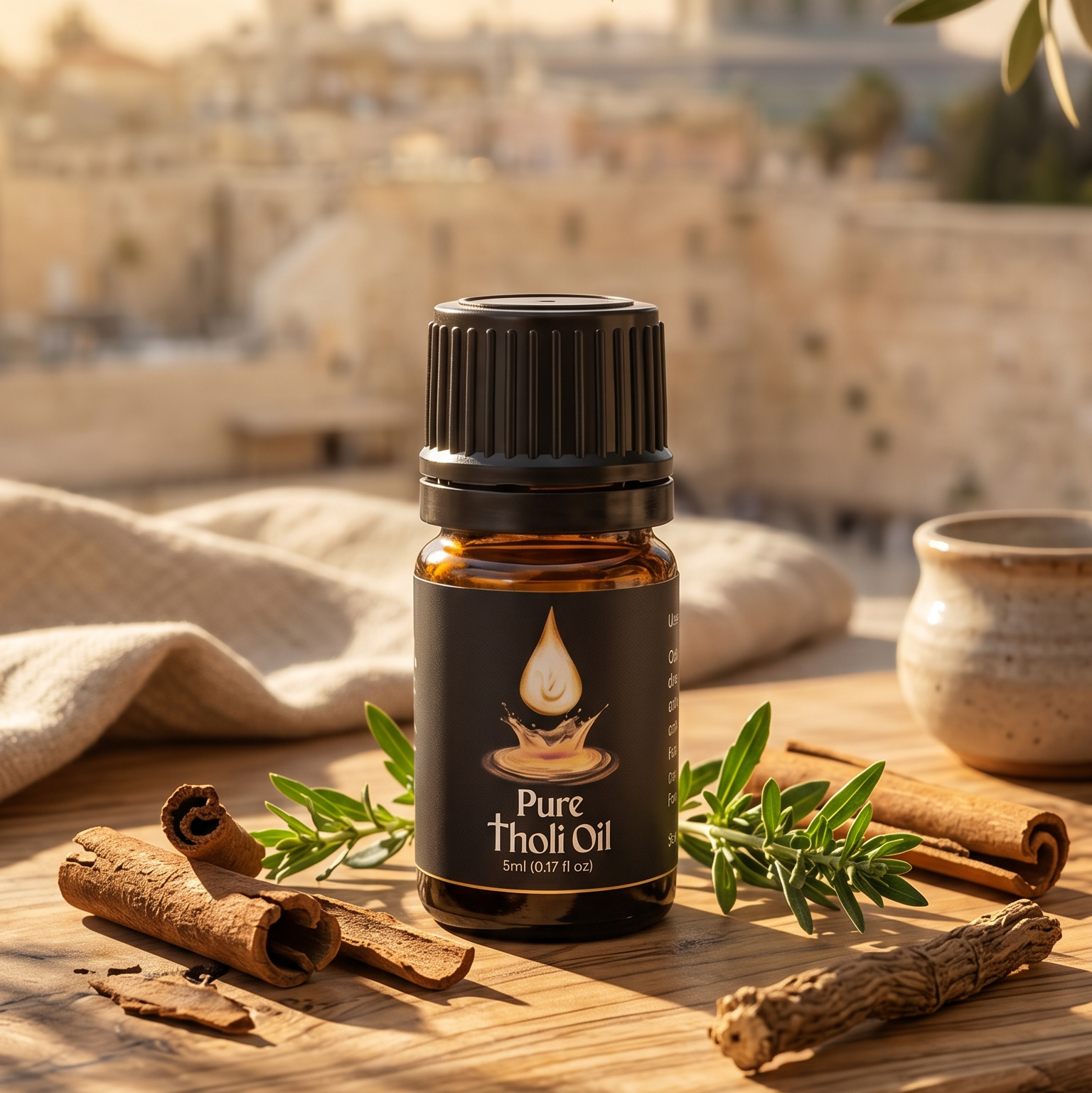 A small amber bottle labeled 'Pure Thiol Oil' stands on a wooden board outdoors, surrounded by cinnamon sticks, rosemary, and a draped cloth, with a blurred cityscape in the background.