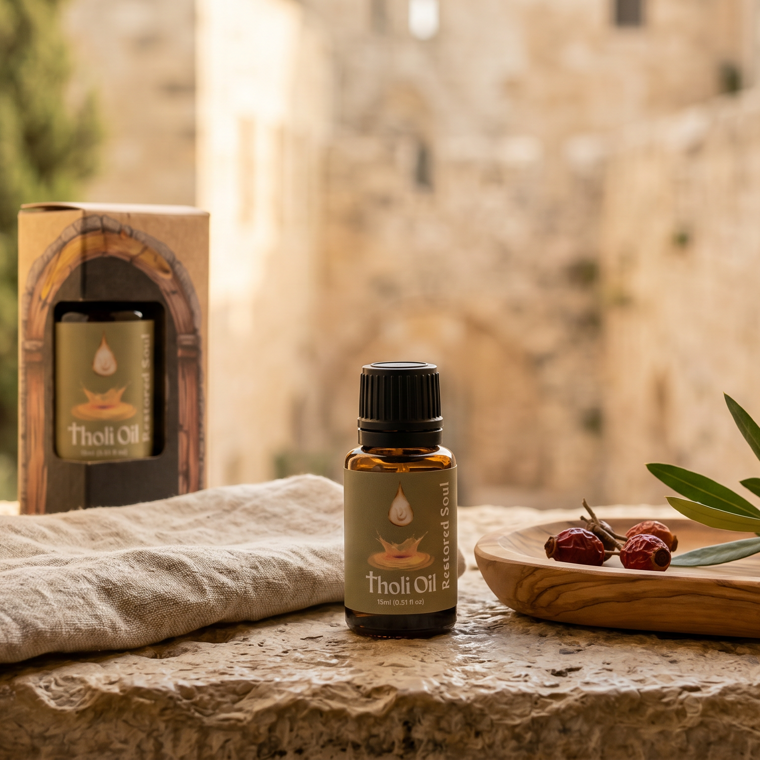 A small bottle of Thiol Oil essential oil and its wooden box are displayed on a stone ledge next to a folded linen cloth, olives on a wooden tray, and a blurred outdoor stone wall background.