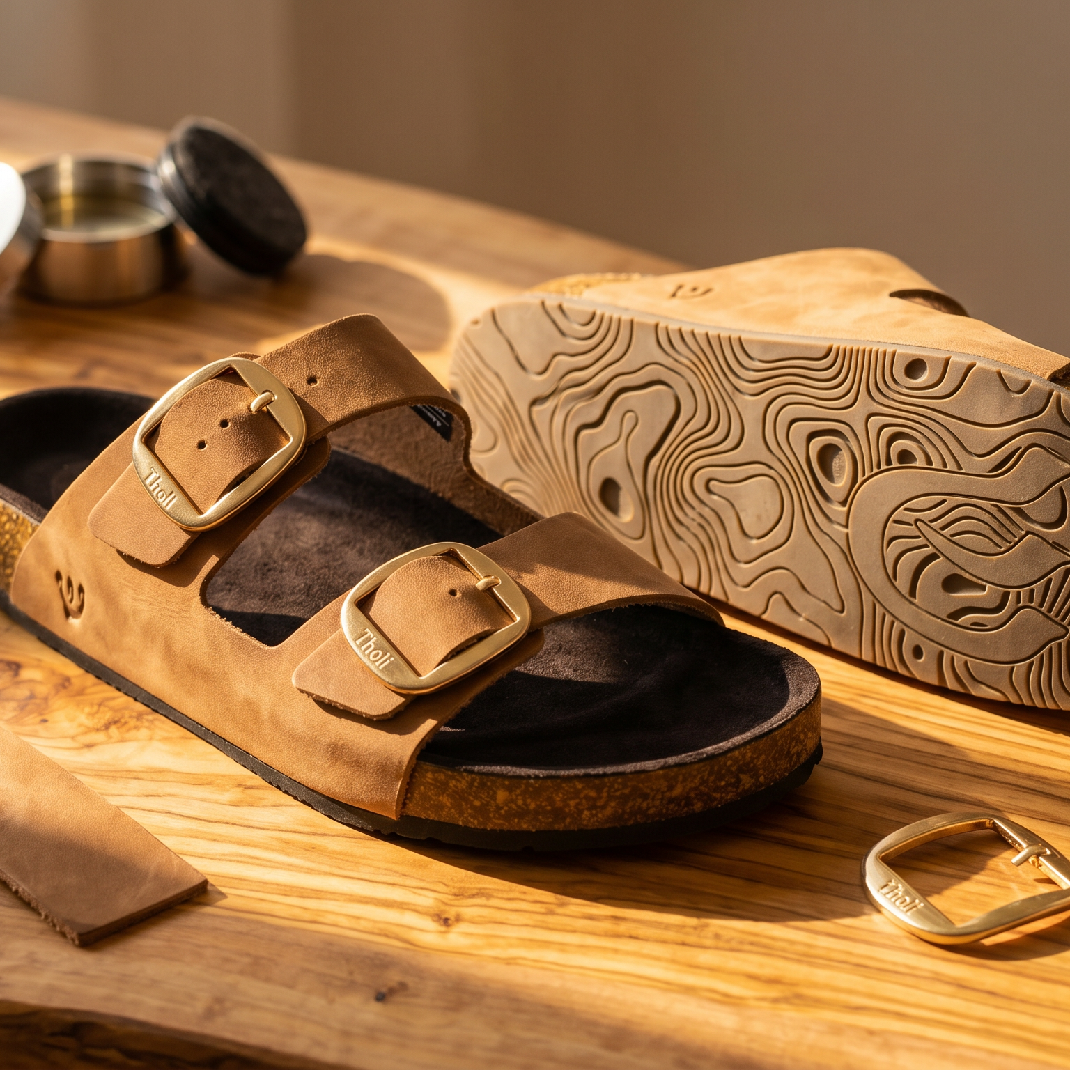 A pair of tan leather slide sandals with double buckles and cork soles, displayed on a wooden surface with leather scraps, a rolled towel, and shoe polish nearby.