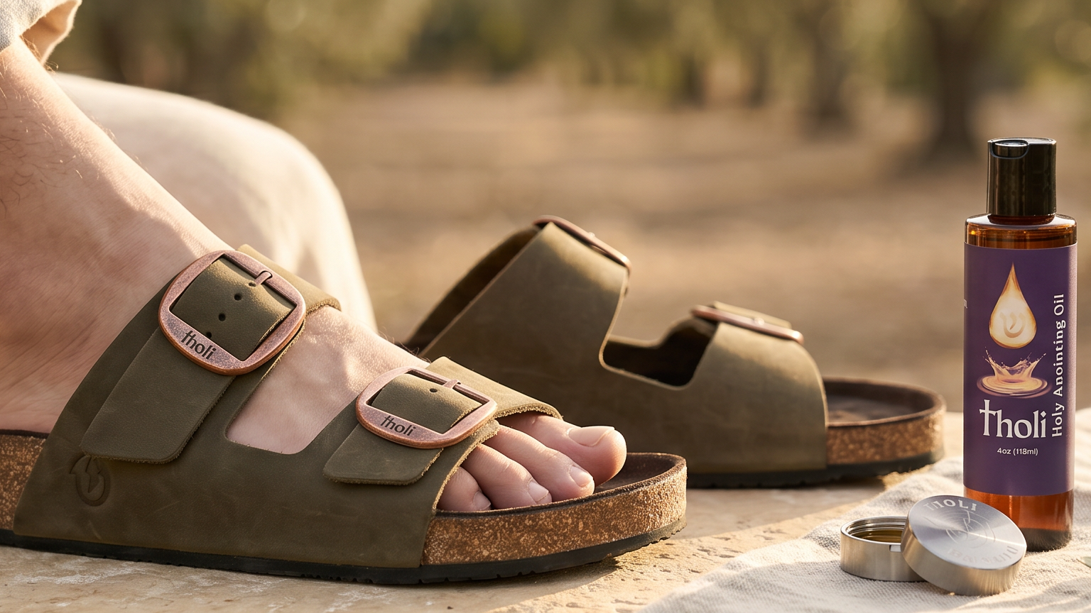 A person wearing olive green double-strap sandals with cork and wood-look soles sits outdoors on a stone surface. A matching pair of sandals rests nearby, along with a small bottle labeled Thoi and a sprig of greenery on a light fabric runner.