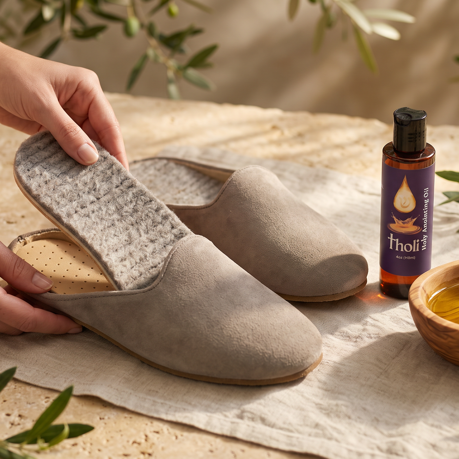 A person's hands are shown trying on a pair of taupe-colored slip-on slippers with a wool insole. The slippers are displayed on a linen cloth alongside a small bottle of Tholi foot care oil and a wooden bowl of oil, surrounded by olive branches.